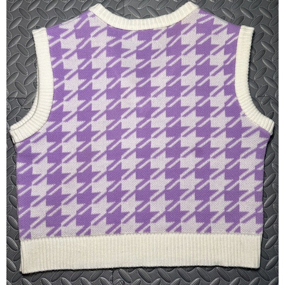Sasha V Neck Houndstooth Pattern Lilac Sweater Preppy acrylic crop Vest Y2K Sz L - Picture 8 of 9